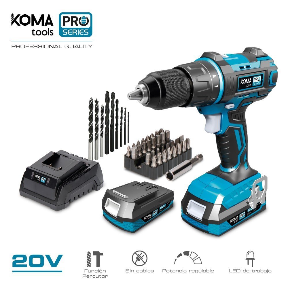 KIT Taladro Percutor/Atornillador 20V, Cargador y Batería KOMA TOOLS